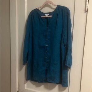 Teal Button-Front Linen Tunic Top